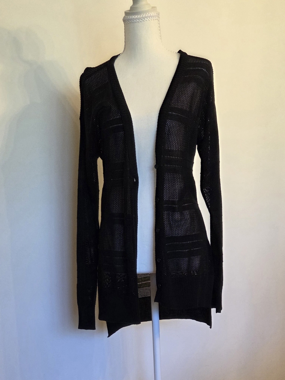 lei Black Open-Knit Button Front Cardigan